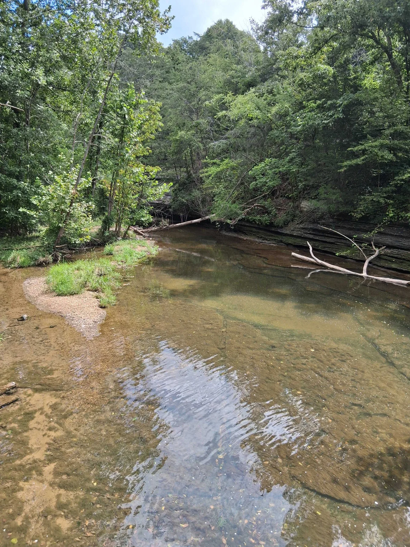 Looking upstream from the falls — clear creek pools