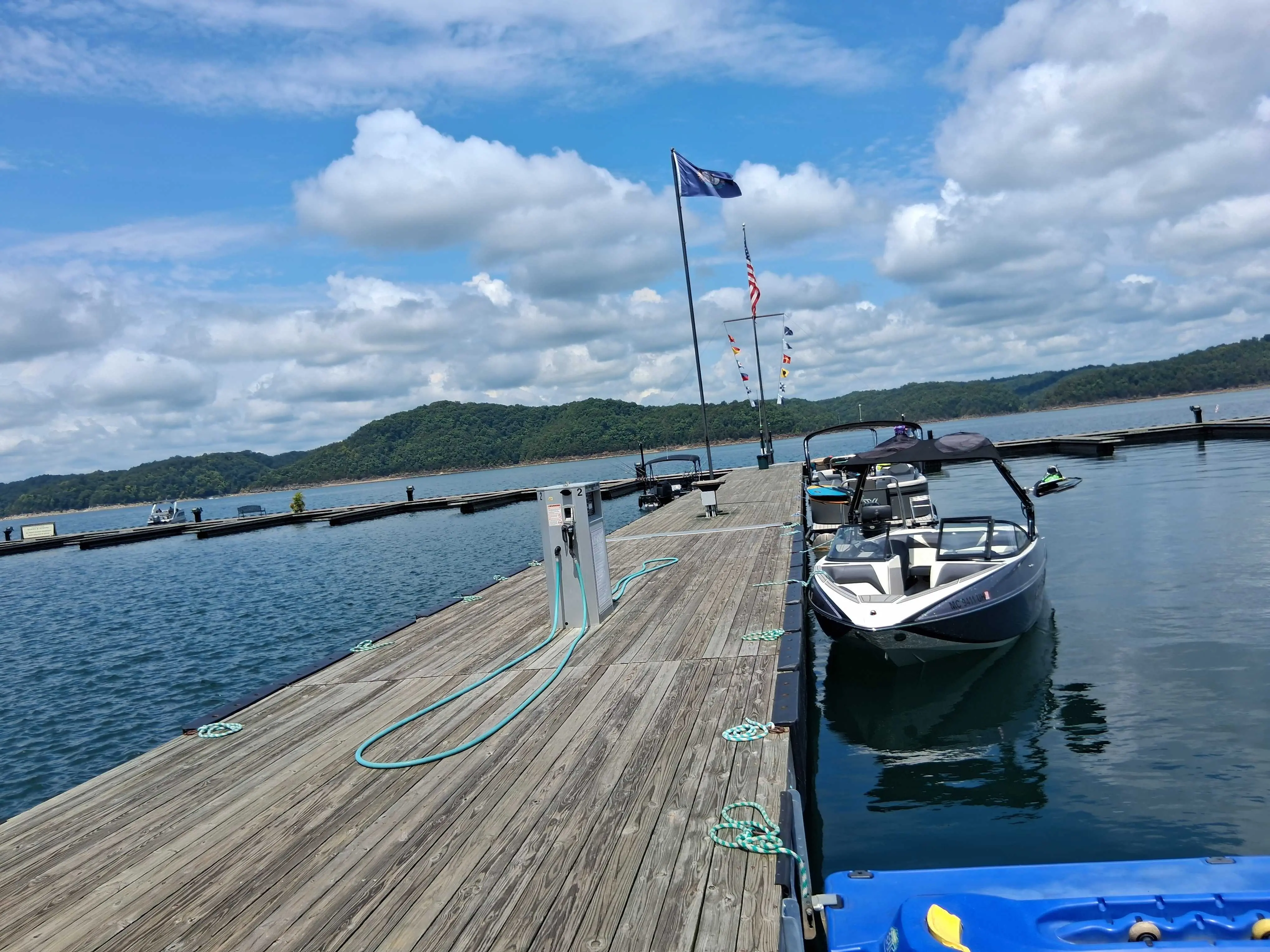 American flag on the dock at Marina Rowena looking across Lake Cumberland