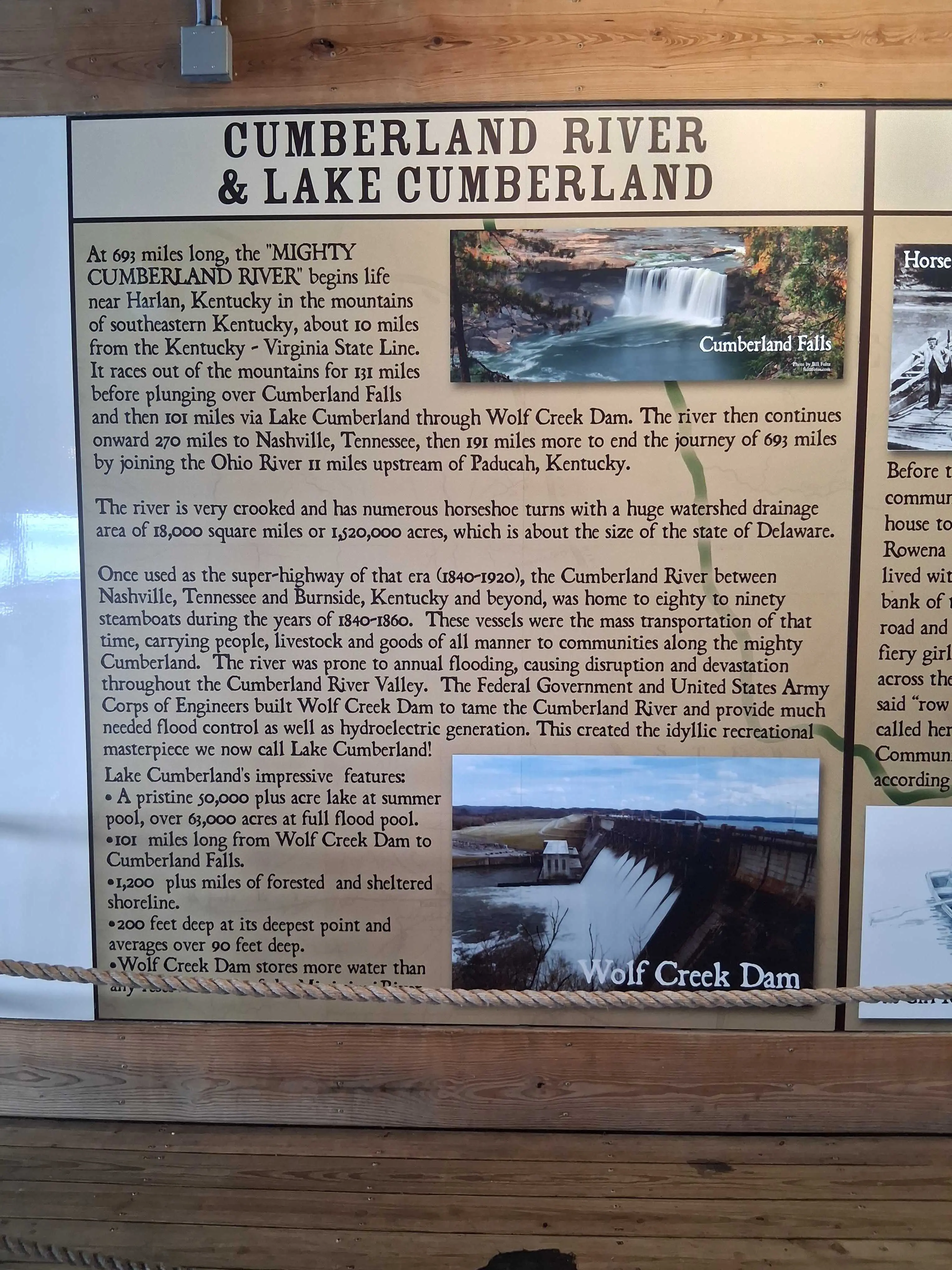 Cumberland River and Lake Cumberland history board at Marina Rowena