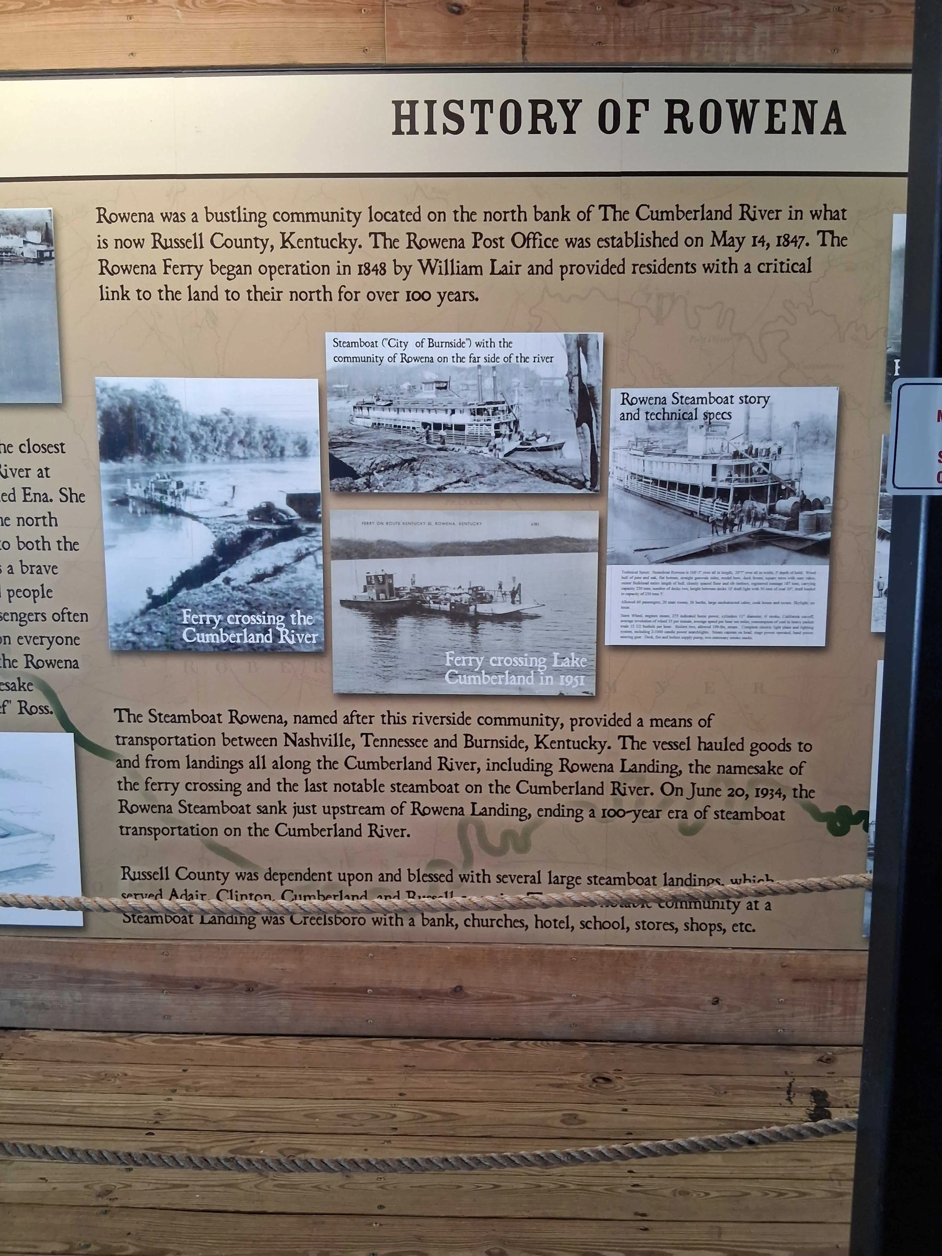 History of Rowena board about Cumberland River steamboat ferry and Lake Cumberland