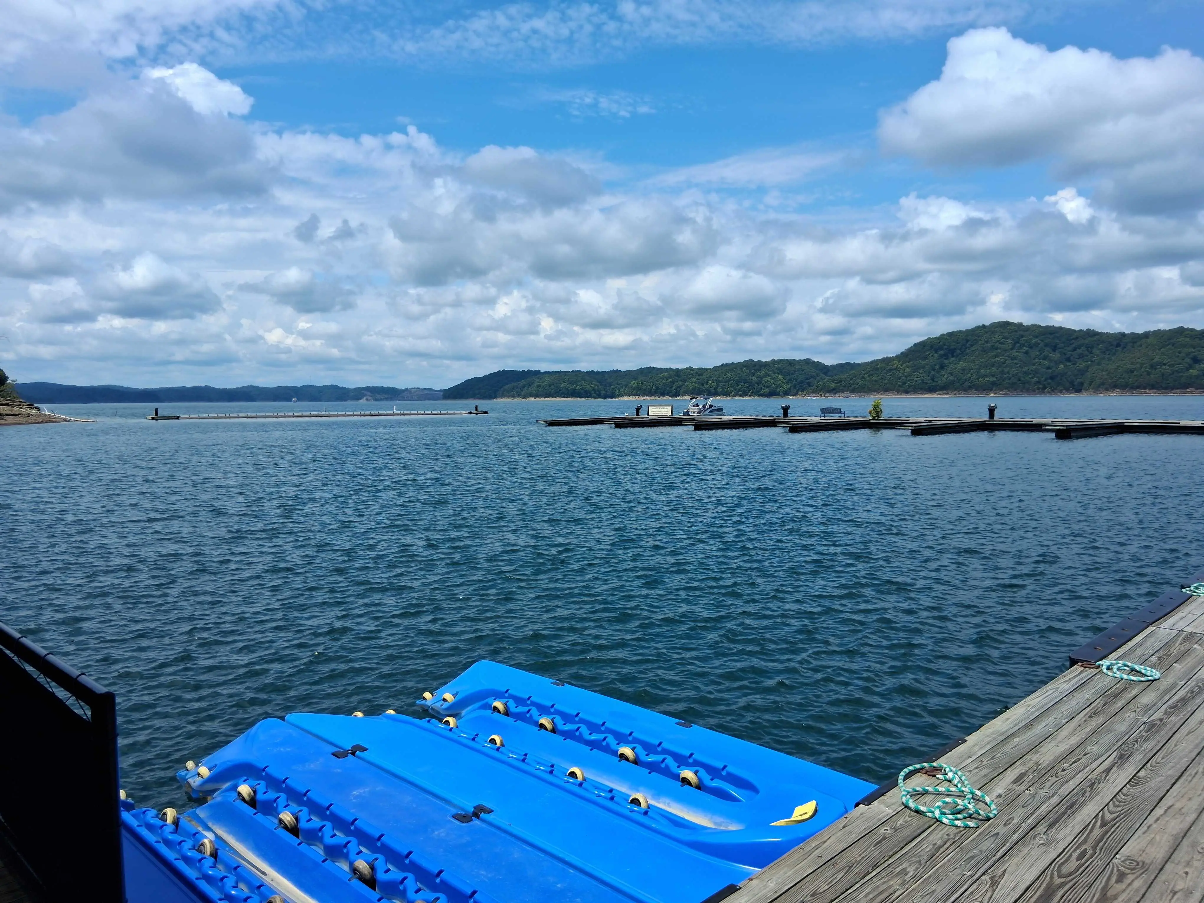 Boat slips at Marina Rowena on Lake Cumberland under clear blue sky