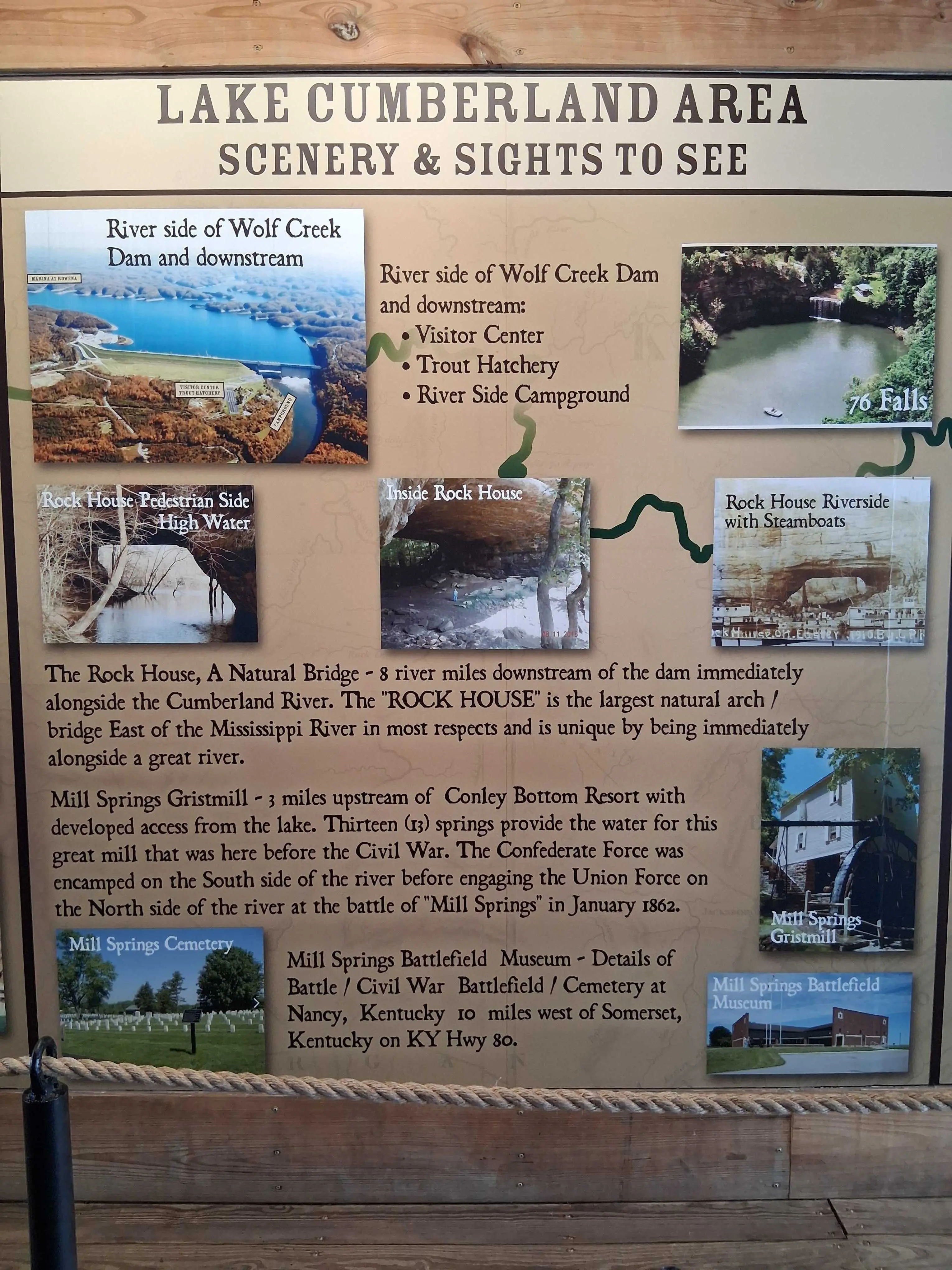 Lake Cumberland scenery board covering 76 Falls, Rock House, and Mill Springs