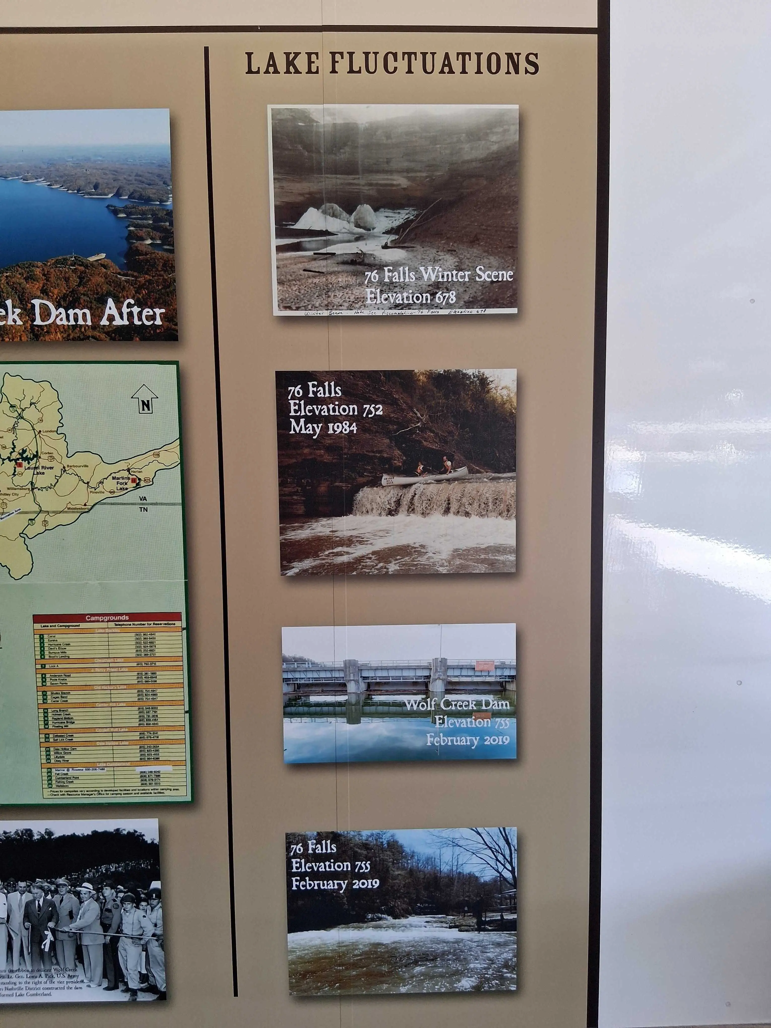 Lake fluctuations board explaining 76 Falls and Wolf Creek Dam elevation changes