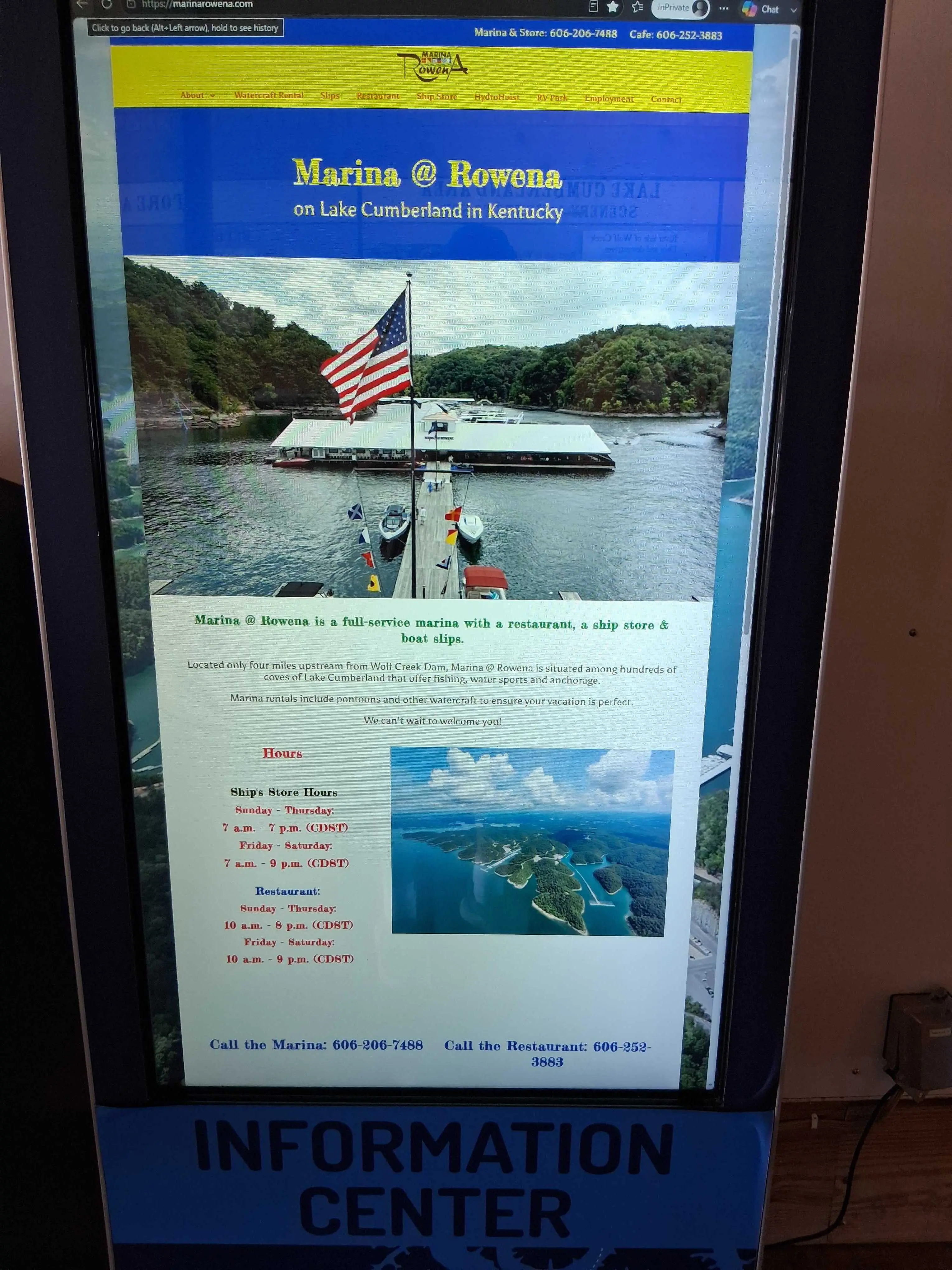 Marina Rowena website and info kiosk at Lake Cumberland near Albany KY