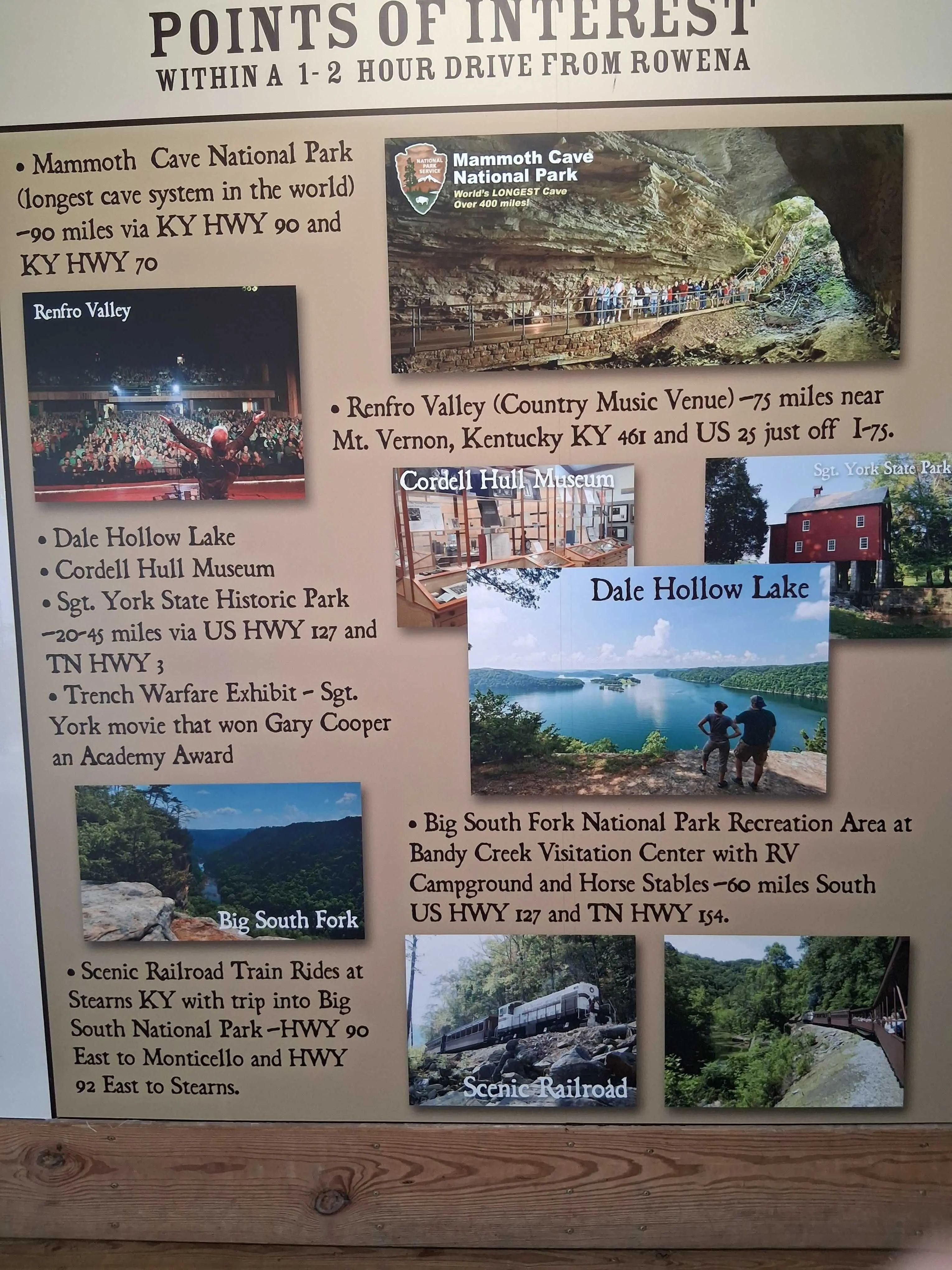Points of interest board listing Dale Hollow, Sgt. York, and Big South Fork near Rowena