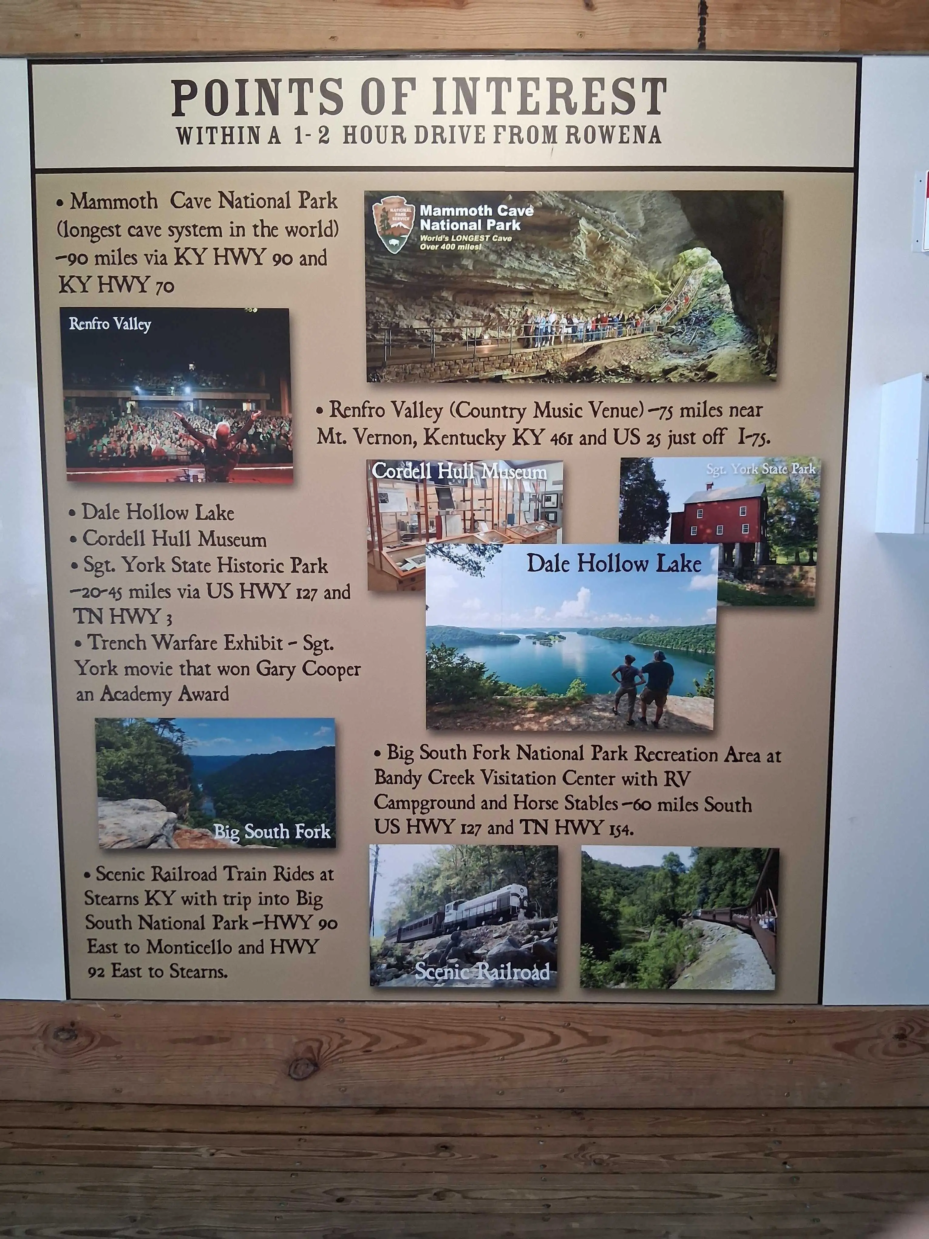 Points of interest board near Marina Rowena including Mammoth Cave and Renfro Valley
