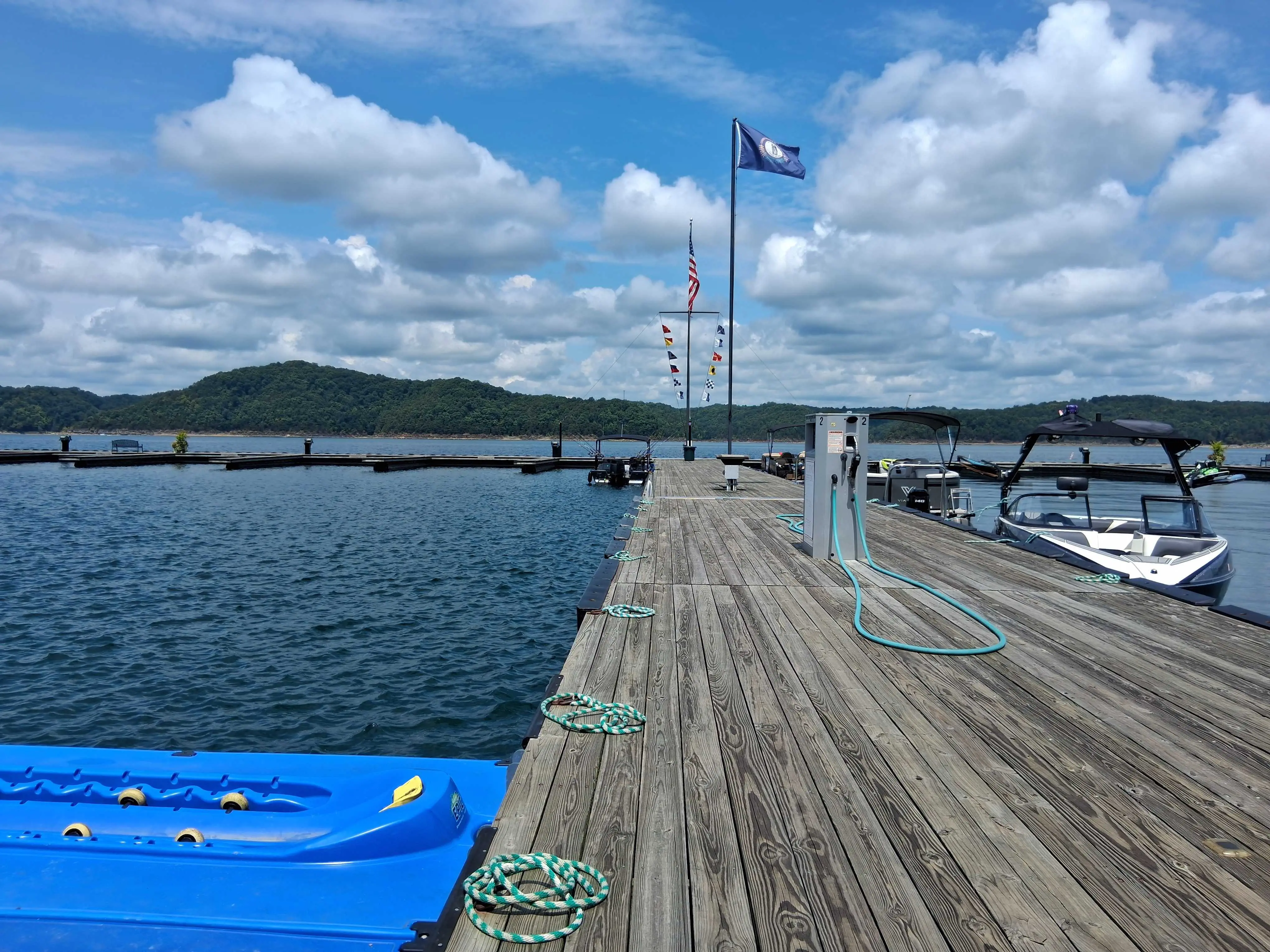 Wooden dock and boats at Marina Rowena on Lake Cumberland, Kentucky