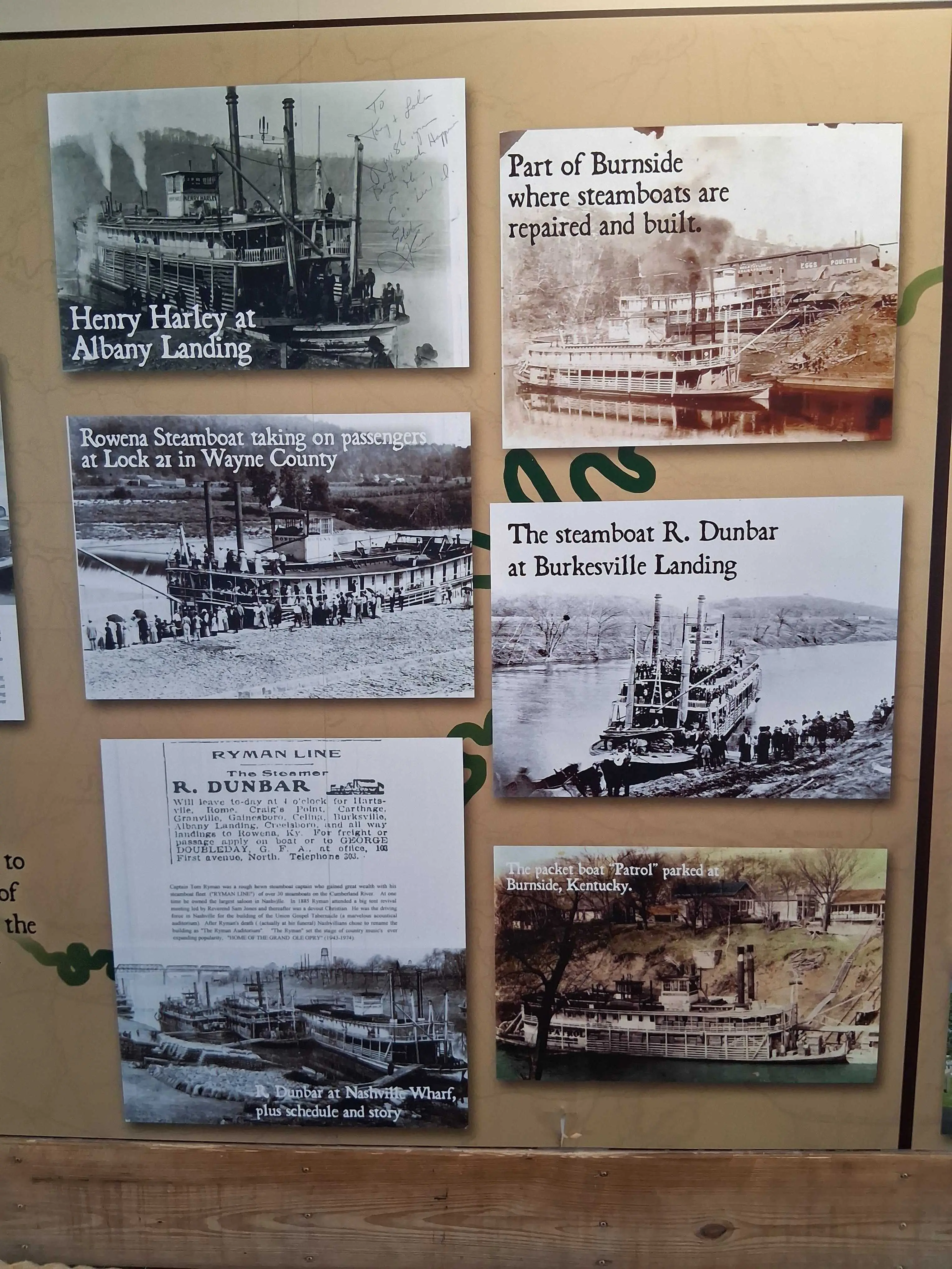 Rowena steamboat history board about ferry crossings on the Cumberland River