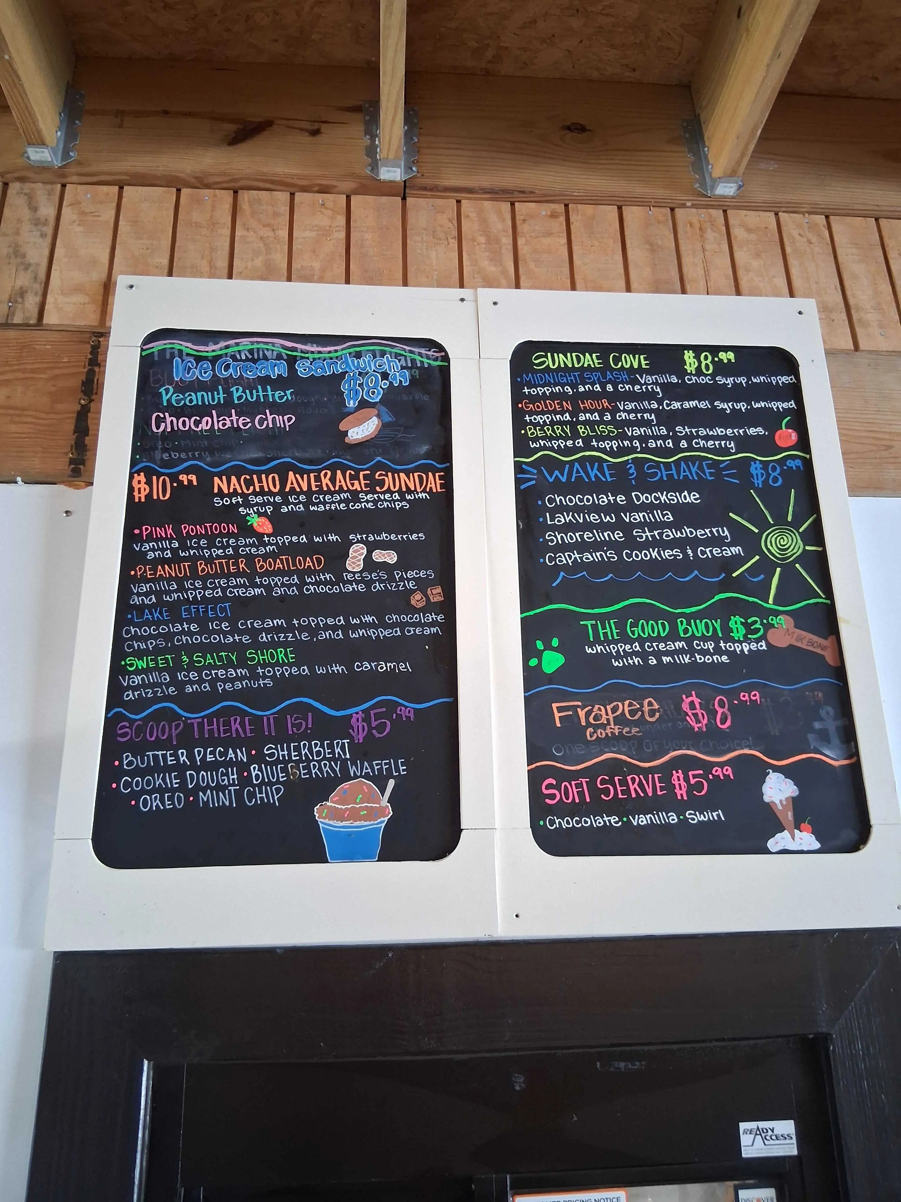 Rowena View Cafe ice cream and sundae menu at Marina Rowena on Lake Cumberland